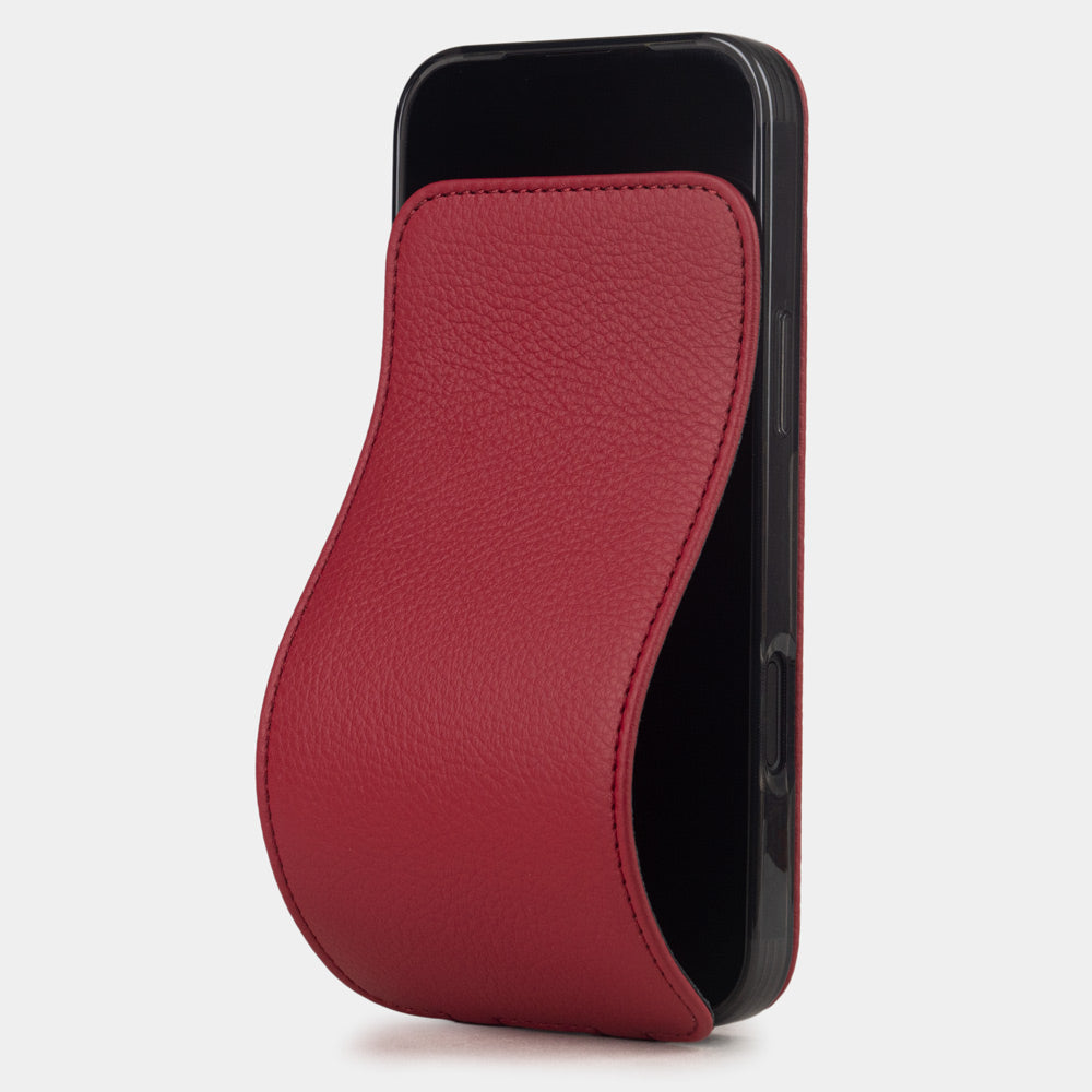 red leather flip case iPhone 17 – luxury handmade phone case in genuine leather with magnetic front cover partially open