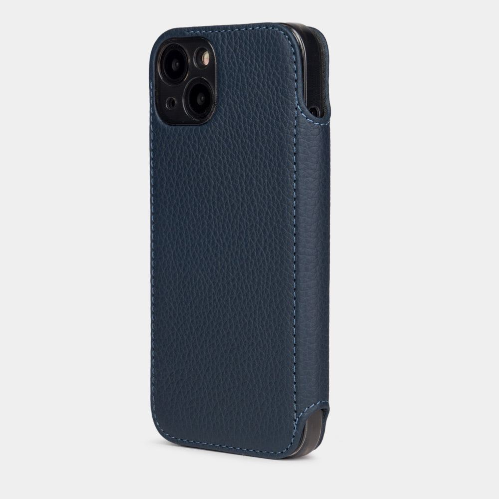 Blue Calfskin Wallet Case iPhone 15 Pro Max – case with grey Alcantara lining shown open on smartphone