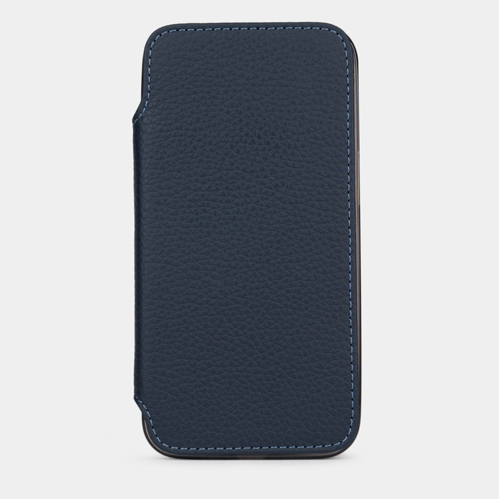 Blue calfskin leather folio case for iPhone 15 Pro – folio closed, front view