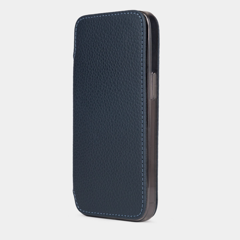Blue calfskin leather folio case for iPhone 15 Pro – folio closed, three-quarter front view showing the full-grain leather
