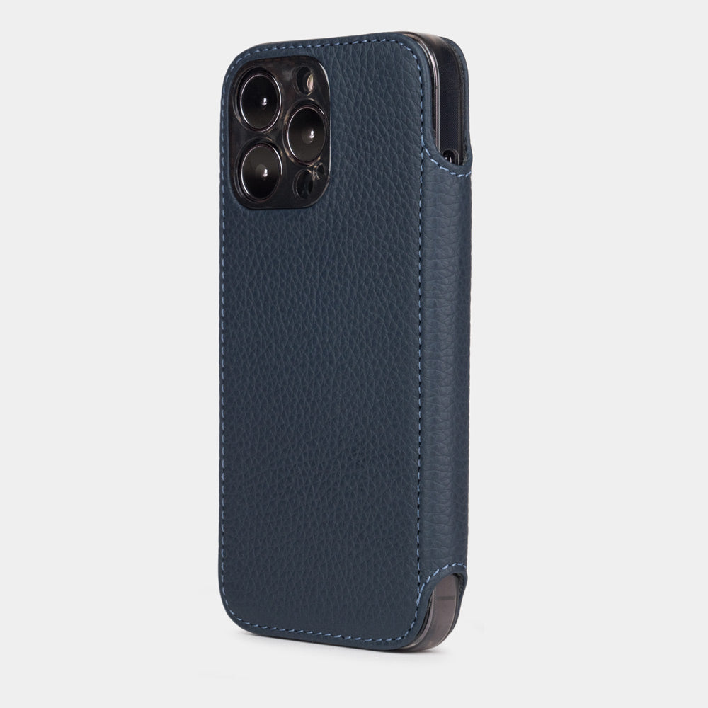 Blue Calfskin Wallet Case iPhone 15 Pro Max – three-quarter angle highlighting the leather grain and stitching