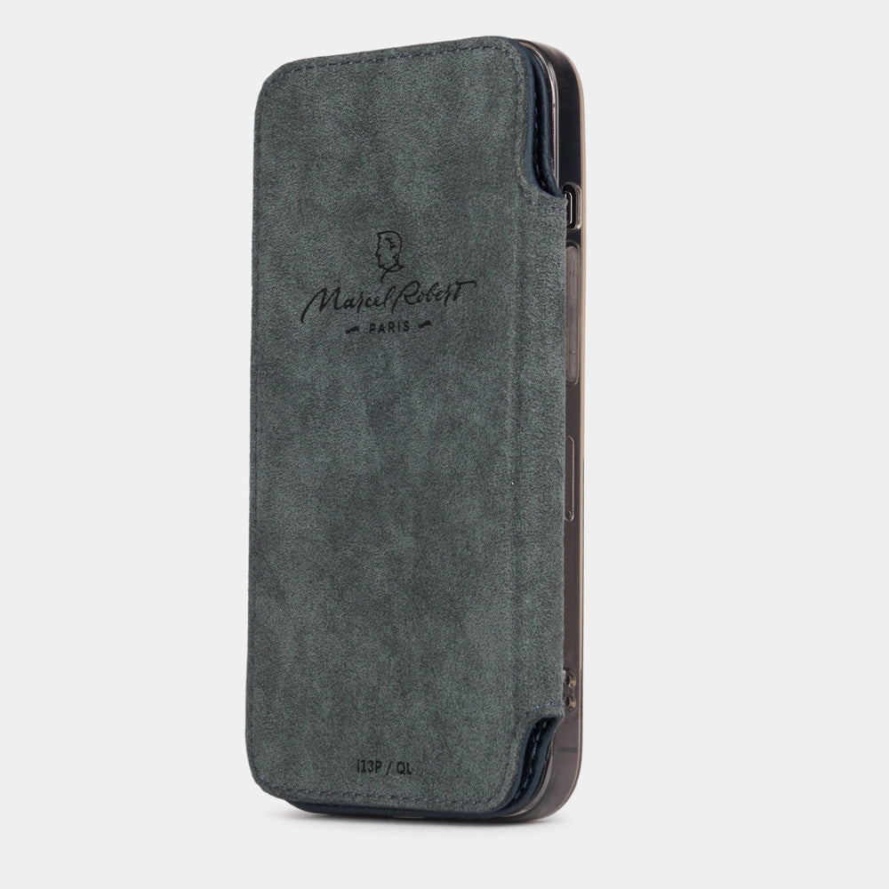 Blue calfskin leather folio case for iPhone 15 Pro – folio folded flat against the back, Alcantara® lining facing out