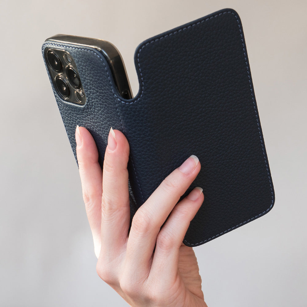 Blaue Kalbsleder-Portemonnaie-Hülle für iPhone 16 Pro