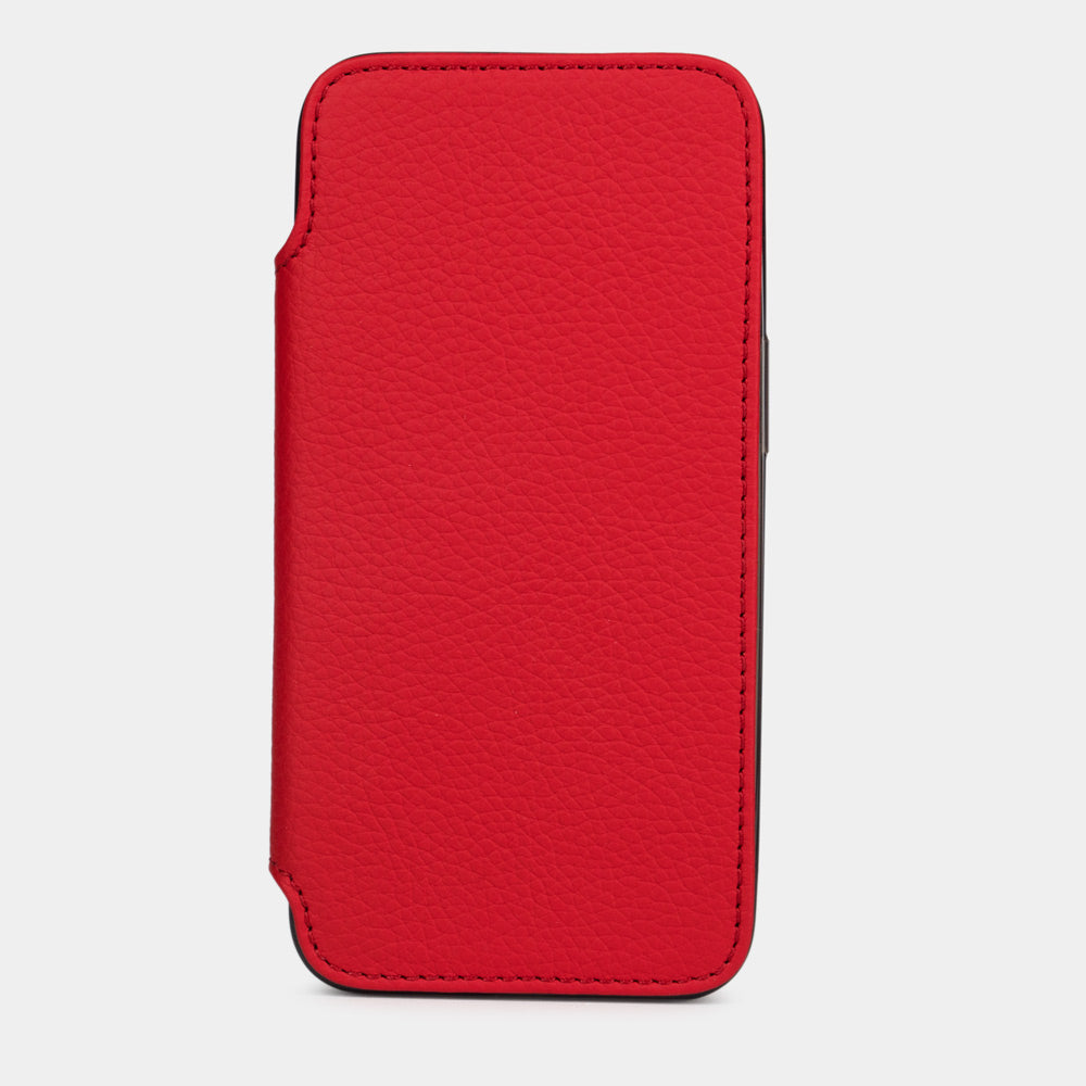 Red calfskin leather folio case for iPhone 15 Pro – folio closed, front view