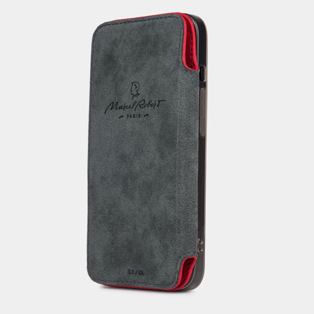Red calfskin leather folio case for iPhone 15 Pro – folio folded flat against the back, Alcantara® lining facing out