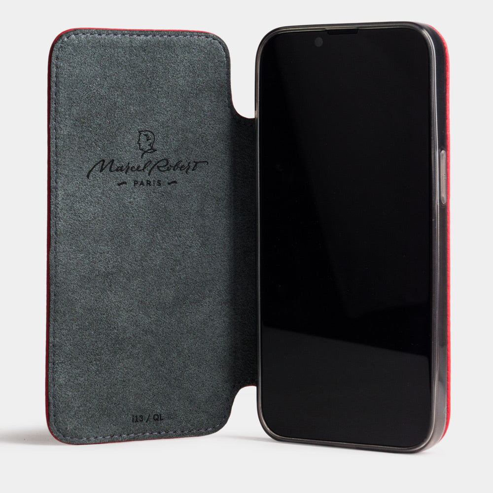 Red calfskin leather folio case for iPhone 15 Pro – folio open, showing the Alcantara® lining and the screen