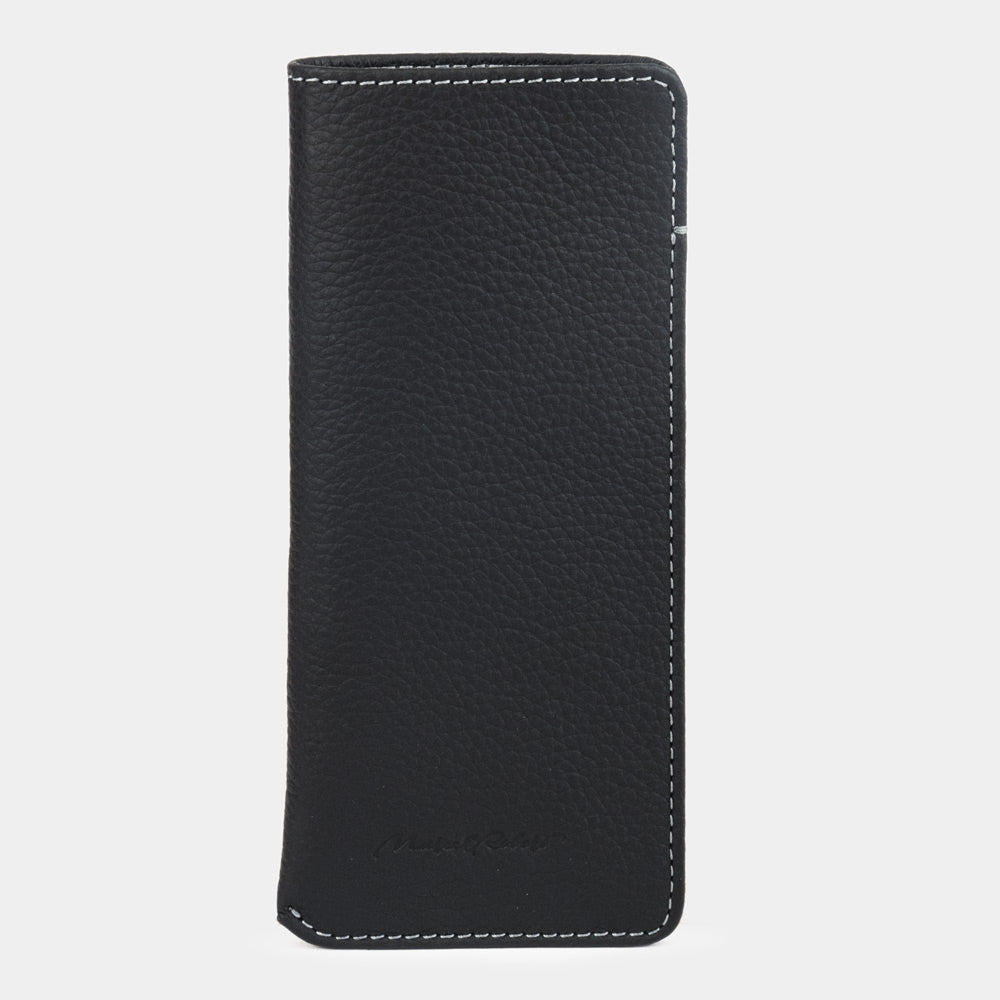 Pocket glasses pouch in black calfskin, front view, stitched edges