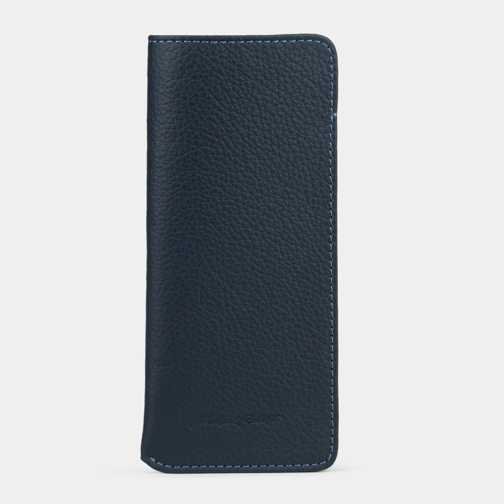 Pocket glasses pouch in blue calfskin, front view, stitched edges