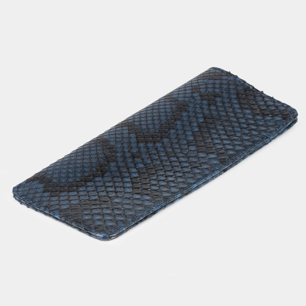 Blue python Pocket glasses pouch lying flat, three-quarter view