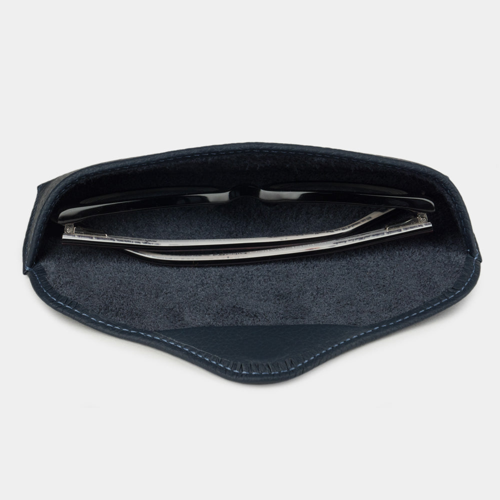 Blue calfskin Casual case seen from above, glasses resting on the suede