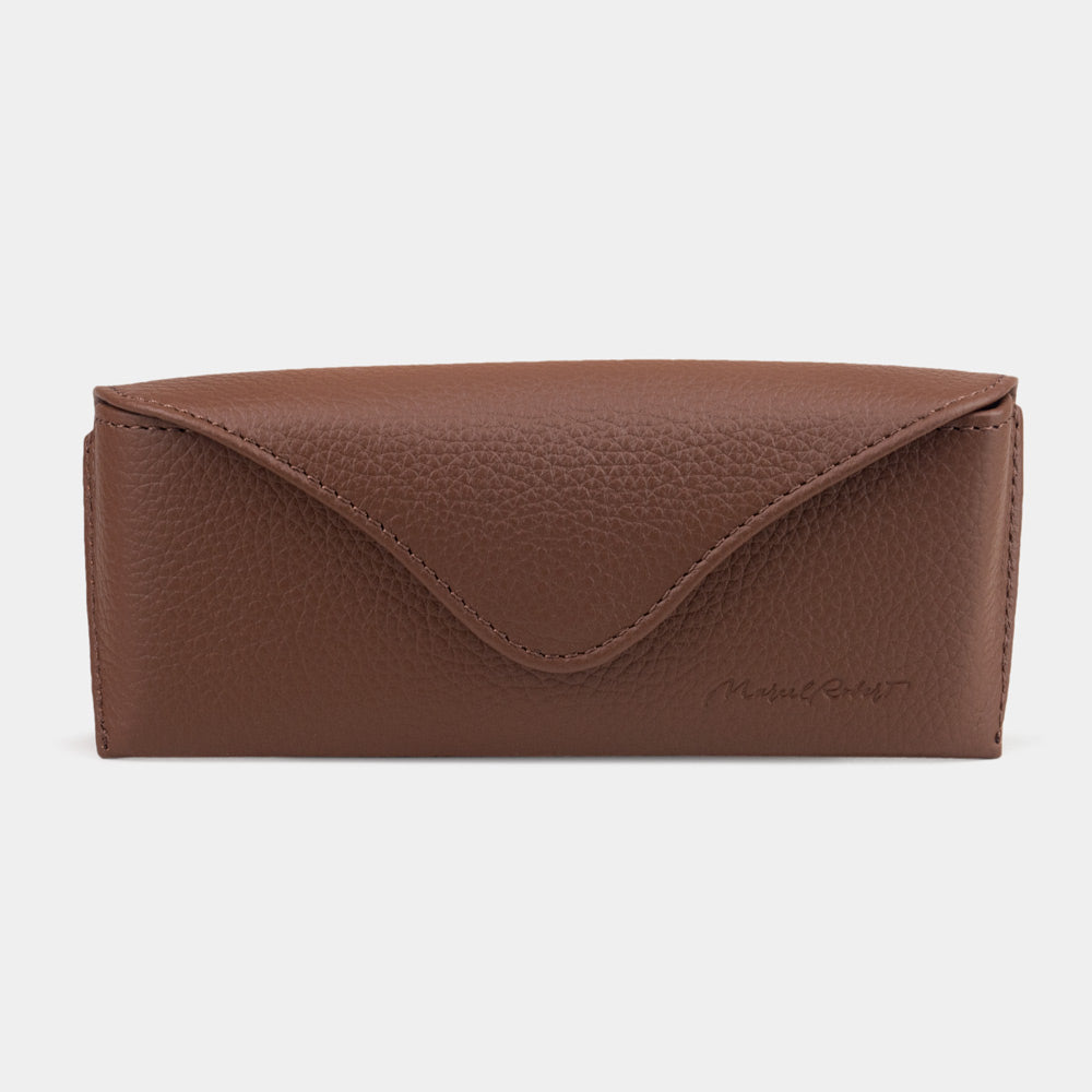 Casual glasses case in brown calfskin, front view with the flap closed