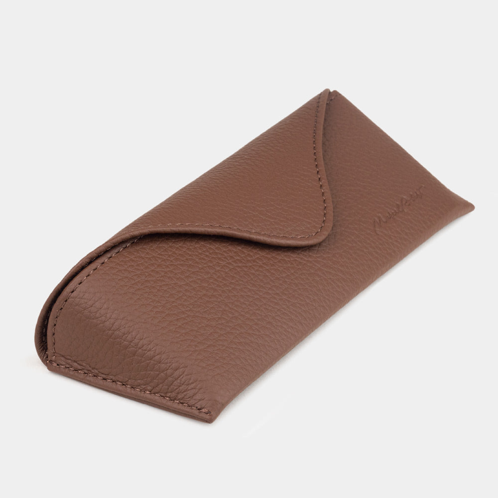 Brown calfskin Casual glasses case at an angle, curved magnetic flap