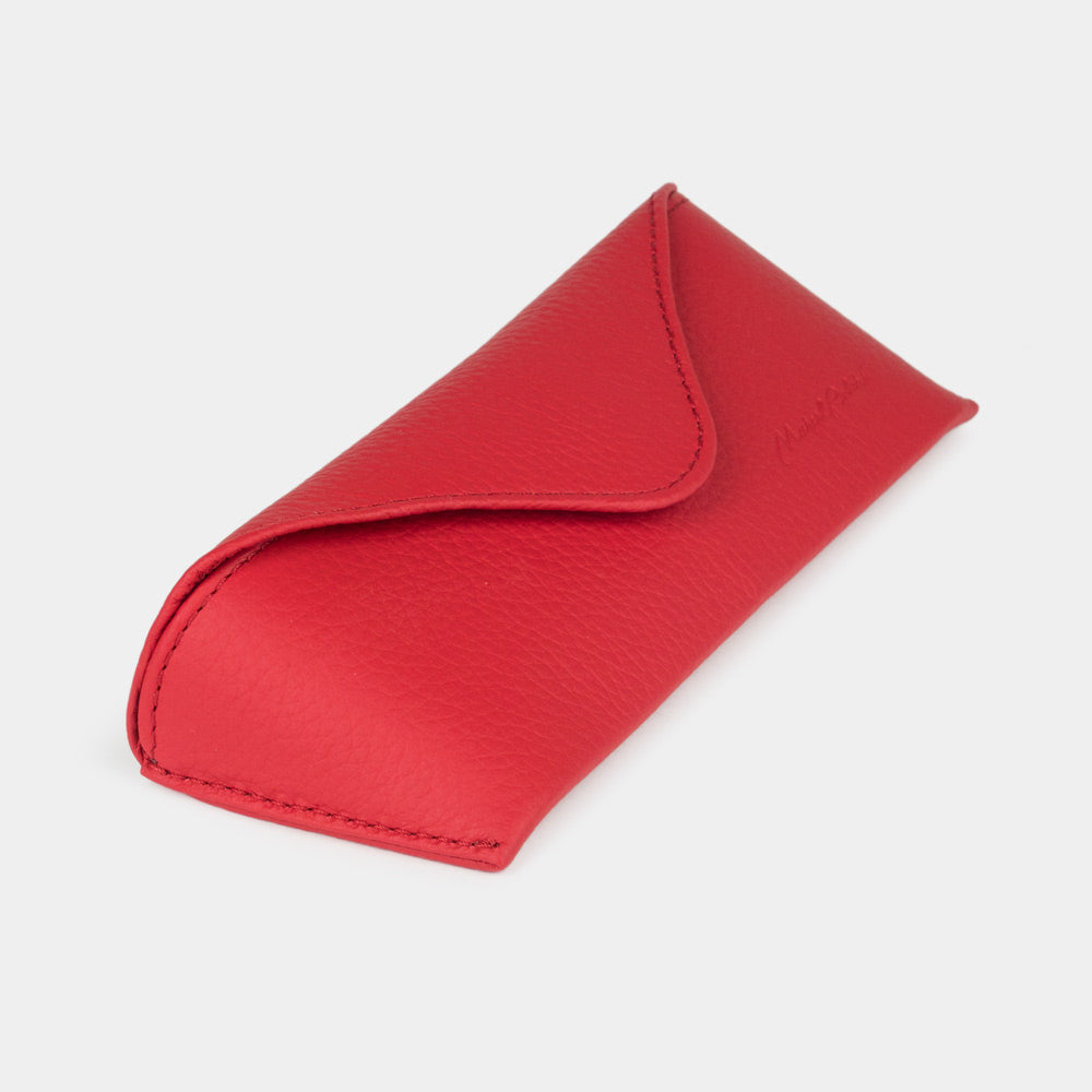 Red calfskin Casual glasses case at an angle, curved magnetic flap