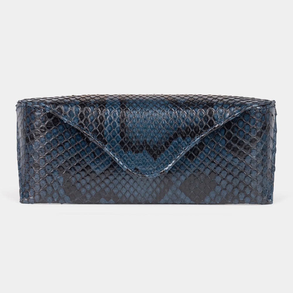 Casual glasses case in blue python leather, front view with the flap closed