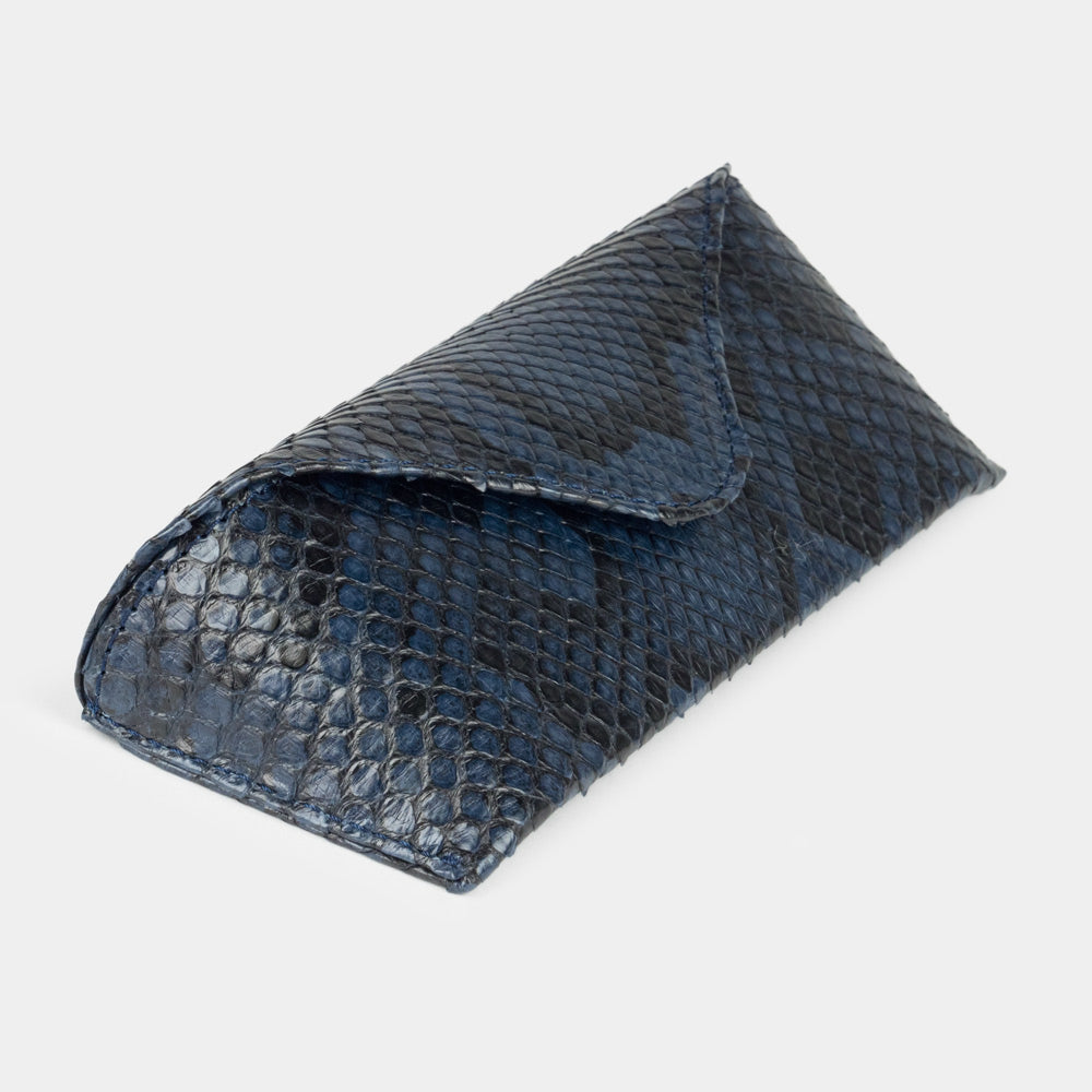 Blue python leather Casual glasses case at an angle, curved magnetic flap