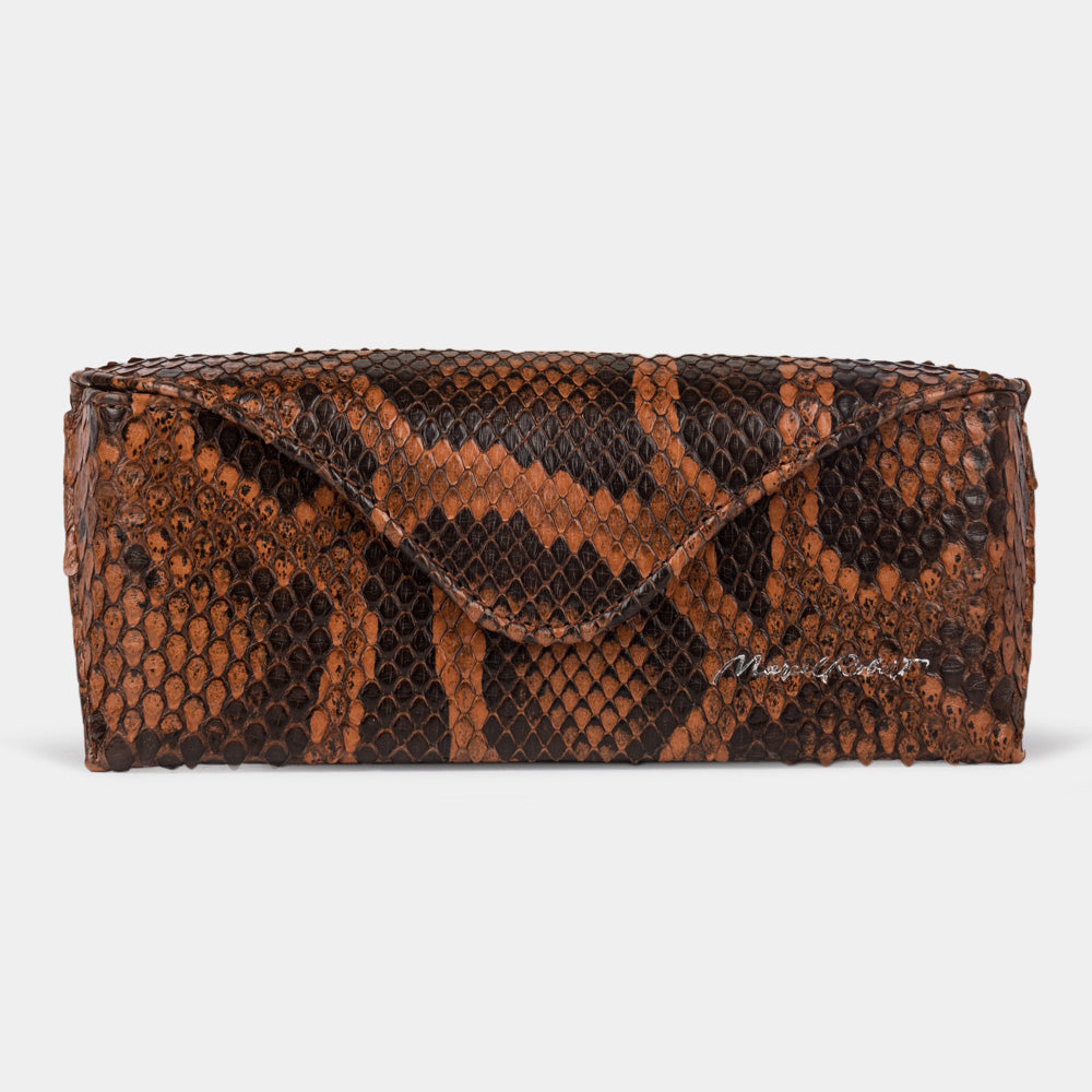 Casual glasses case in gold python leather, front view with the flap closed
