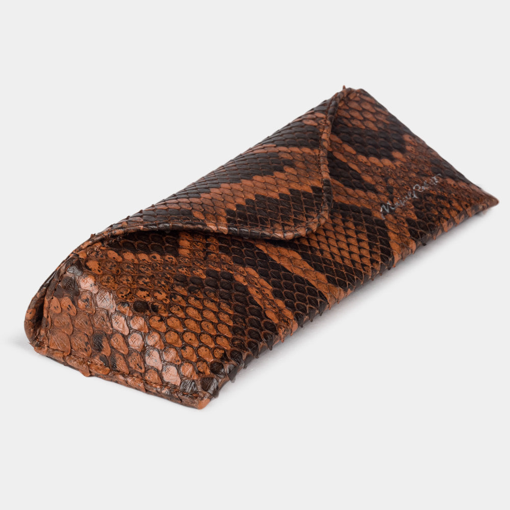 Gold python leather Casual glasses case at an angle, curved magnetic flap