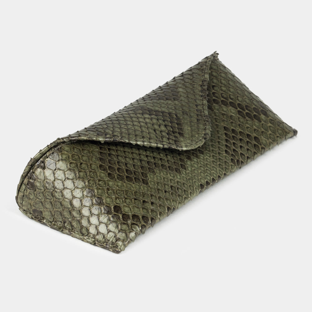 Green python leather Casual glasses case at an angle, curved magnetic flap