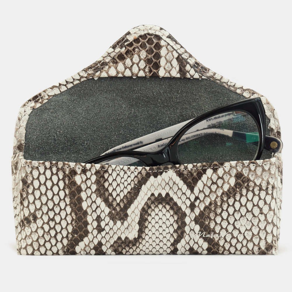 Casual glasses case in natural python leather, flap open with glasses inside