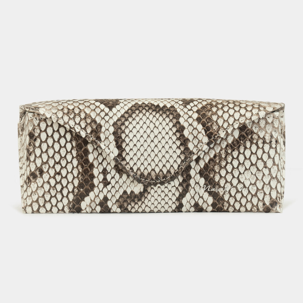 Casual glasses case in natural python leather, front view with the flap closed