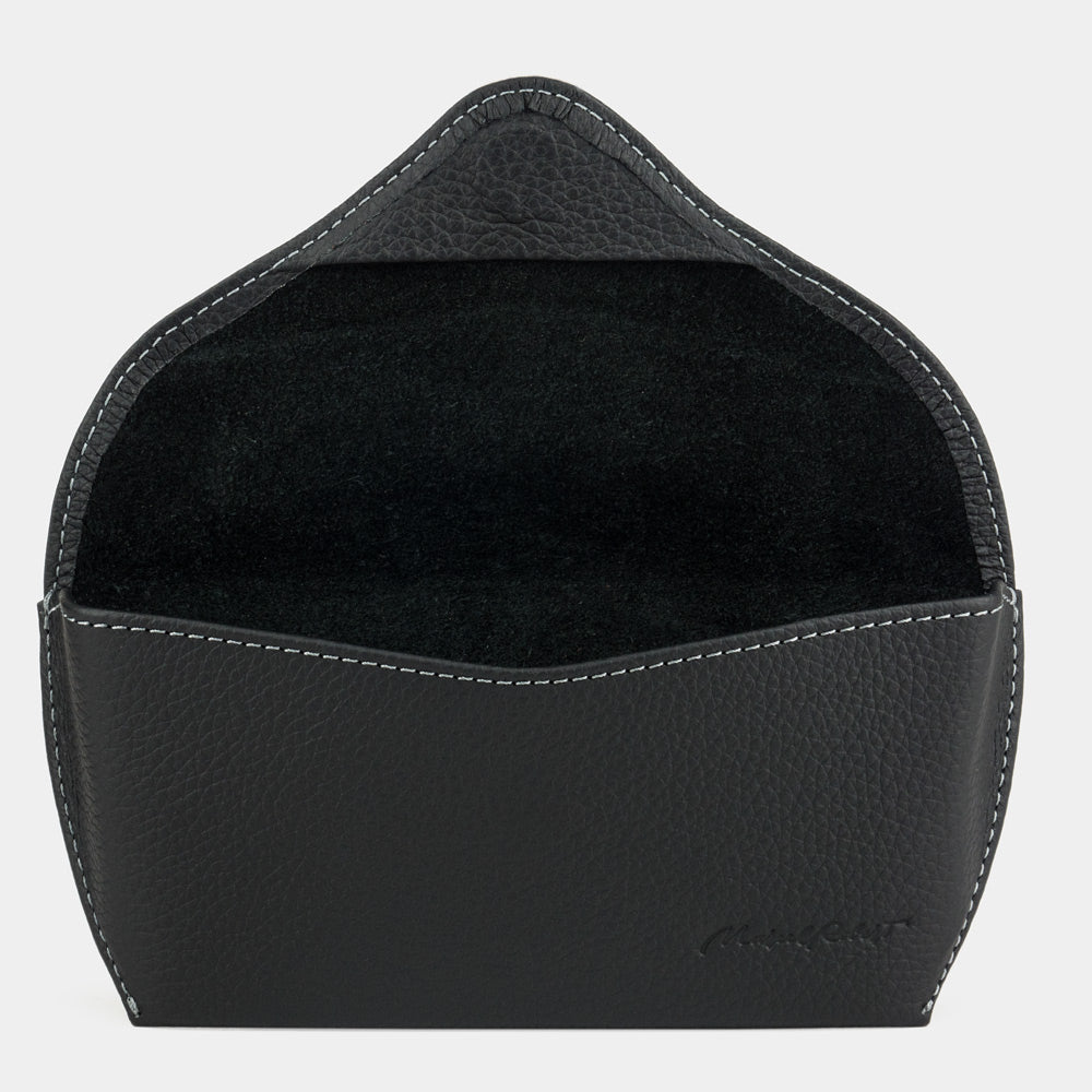Riviera sunglasses case in black calfskin, flap open on the suede lining