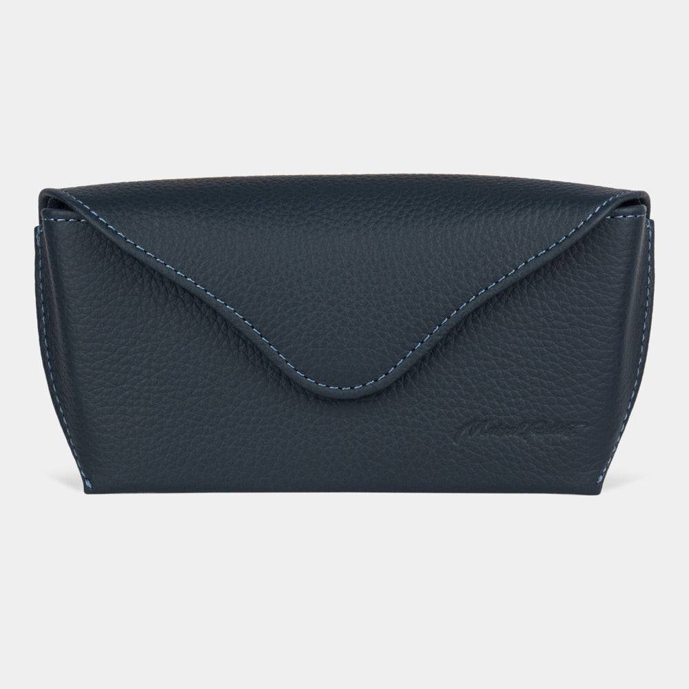 Riviera sunglasses case in blue calfskin, front view with the flap closed