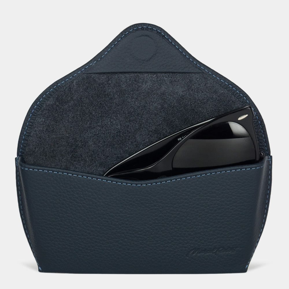 Riviera sunglasses case in blue calfskin, flap open with sunglasses inside