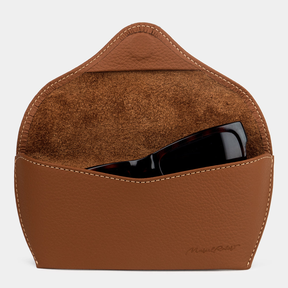 Riviera sunglasses case in gold calfskin, flap open with sunglasses inside