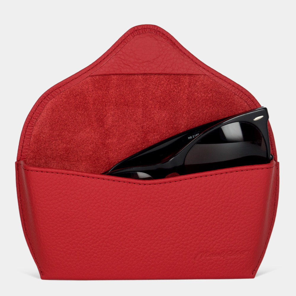 Riviera sunglasses case in red calfskin, flap open with sunglasses inside