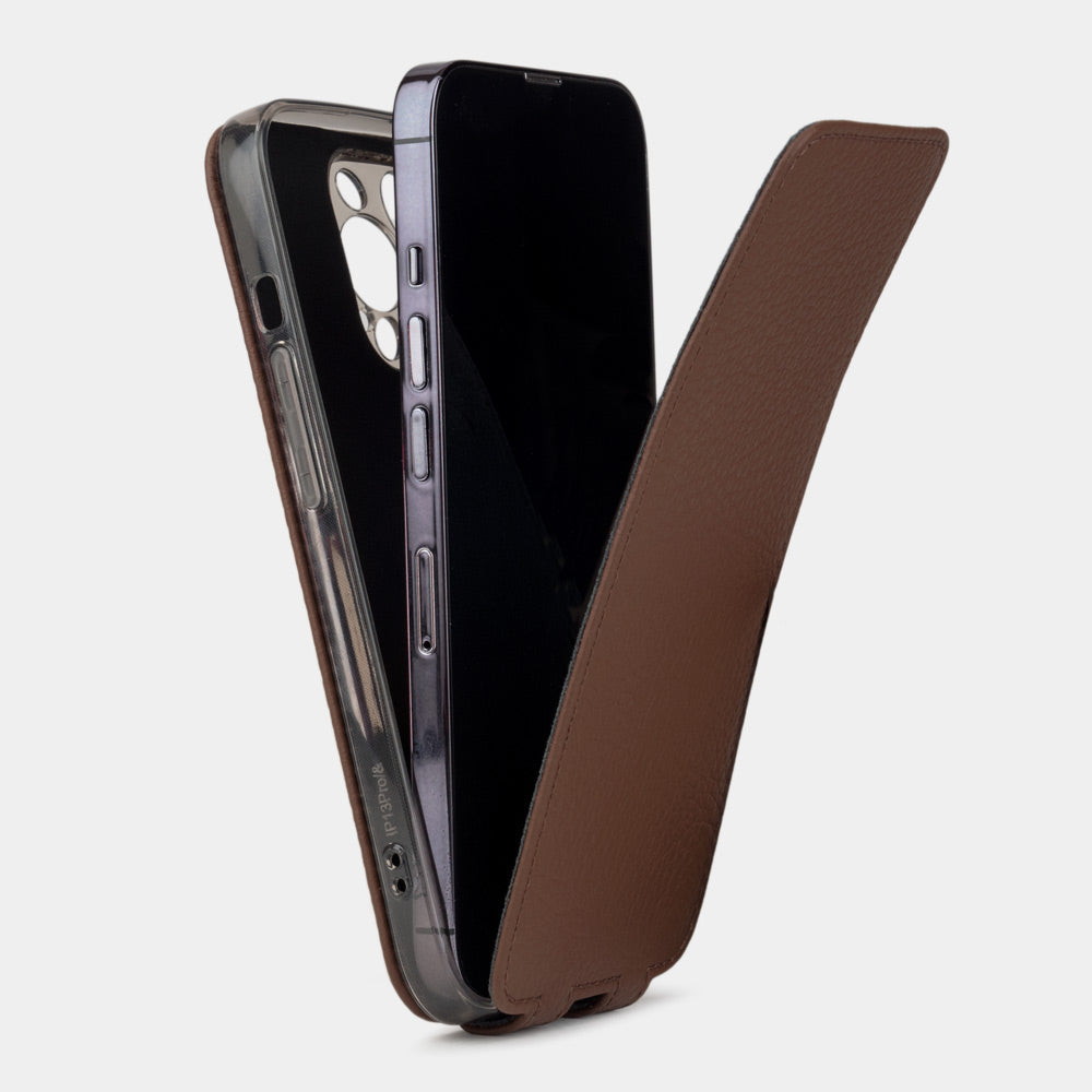 iPhone 14 Pro Max flip case made with brown premium leather – view showing how the iPhone sits in the slim silicone shell and the soft flap that protects the screen