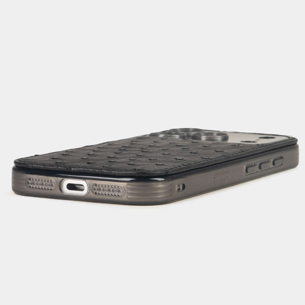 Black Ostrich Cover Case iPhone 17 Pro Max - flat side view displaying ultra-thin handcrafted design, USB-C port opening and precise edge finishing
