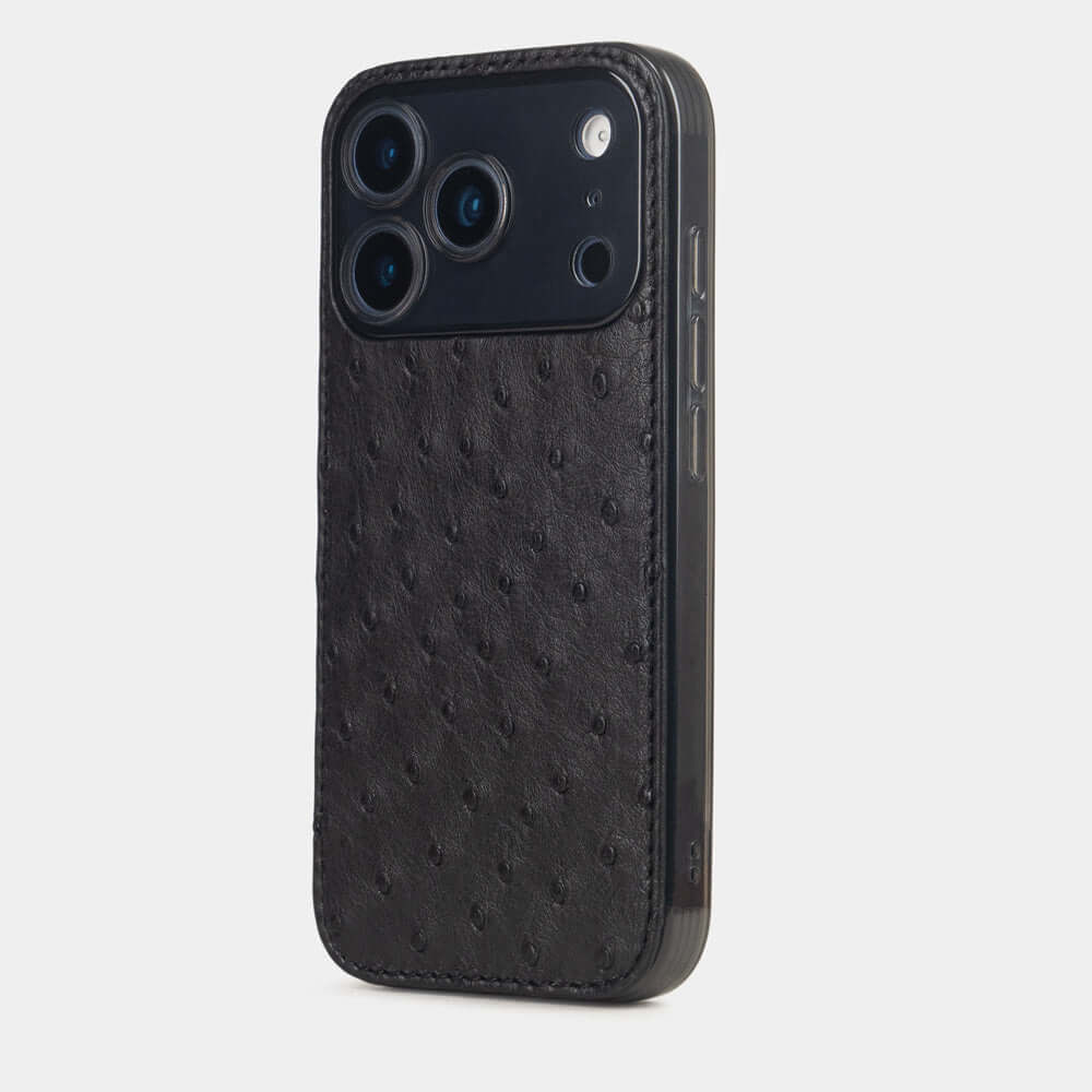 Black Ostrich Cover Case iPhone 17 Pro Max blue – luxury handmade phone case in genuine ostrich leather
