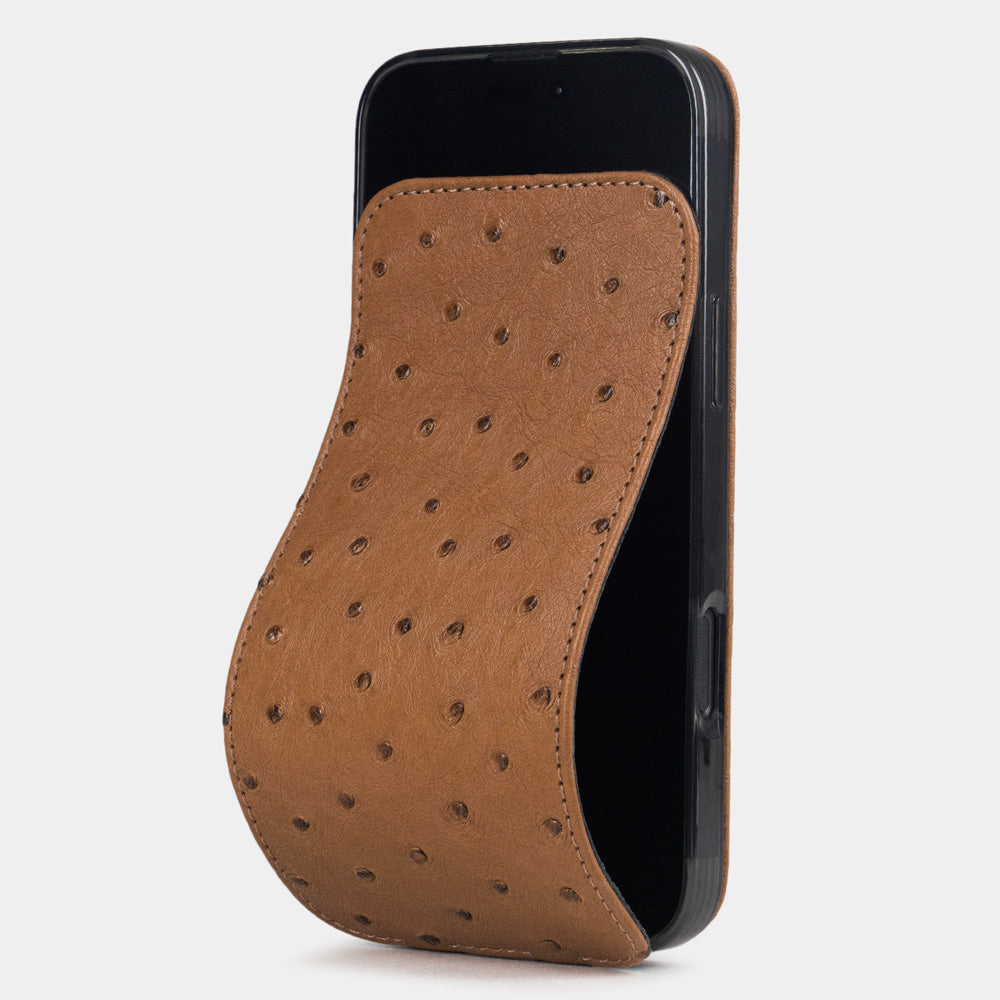 Gold Ostrich Case iPhone 17 Pro – luxury handmade phone case in genuine ostrich leather with magnetic front cover partially open