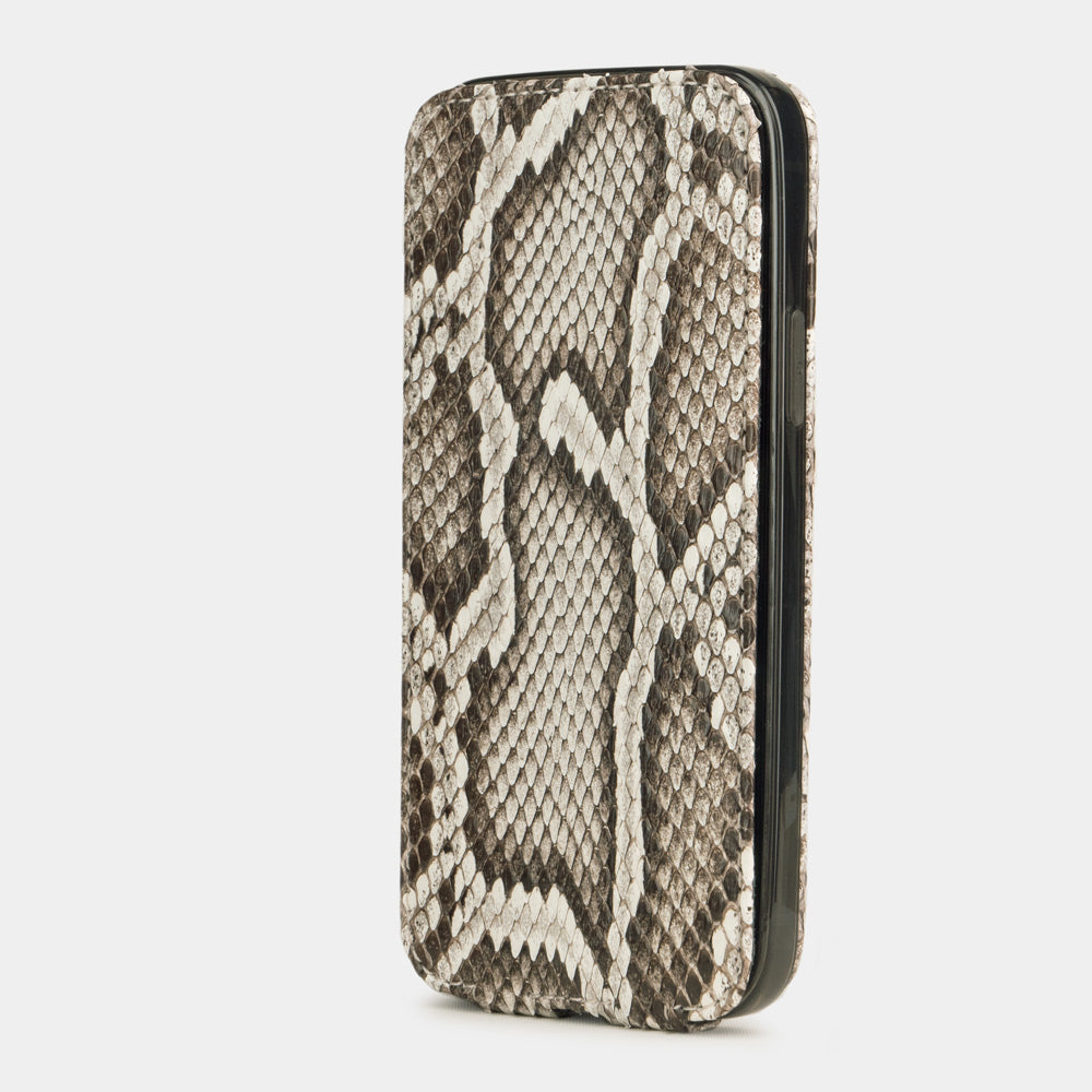 natural python leather iPhone 12 pro flip case in upright position, cover closes securely thanks to integrated magnet