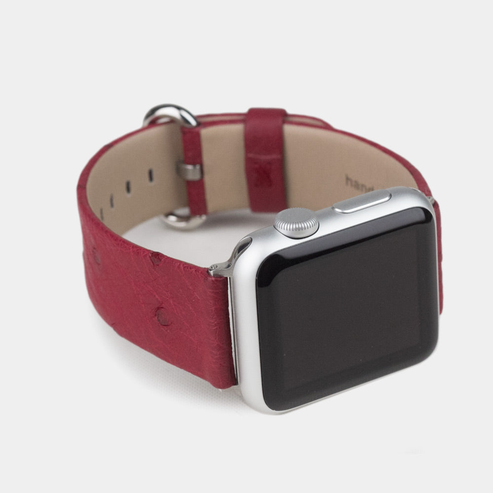 pink ostrich band apple watch steel adapters and buckle frontal view