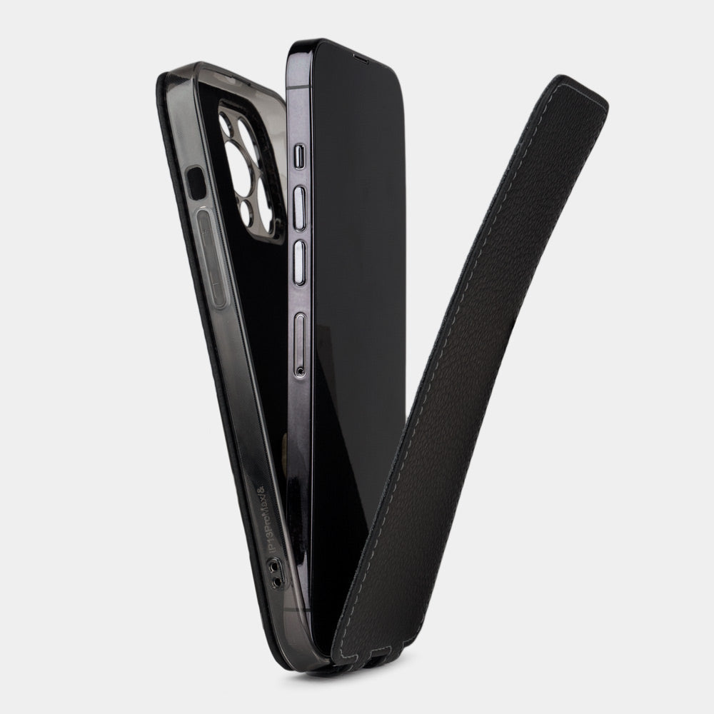 iPhone 14 Pro Max flip case made with black premium leather – view showing how the iPhone sits in the slim silicone shell and the soft flap that protects the screen