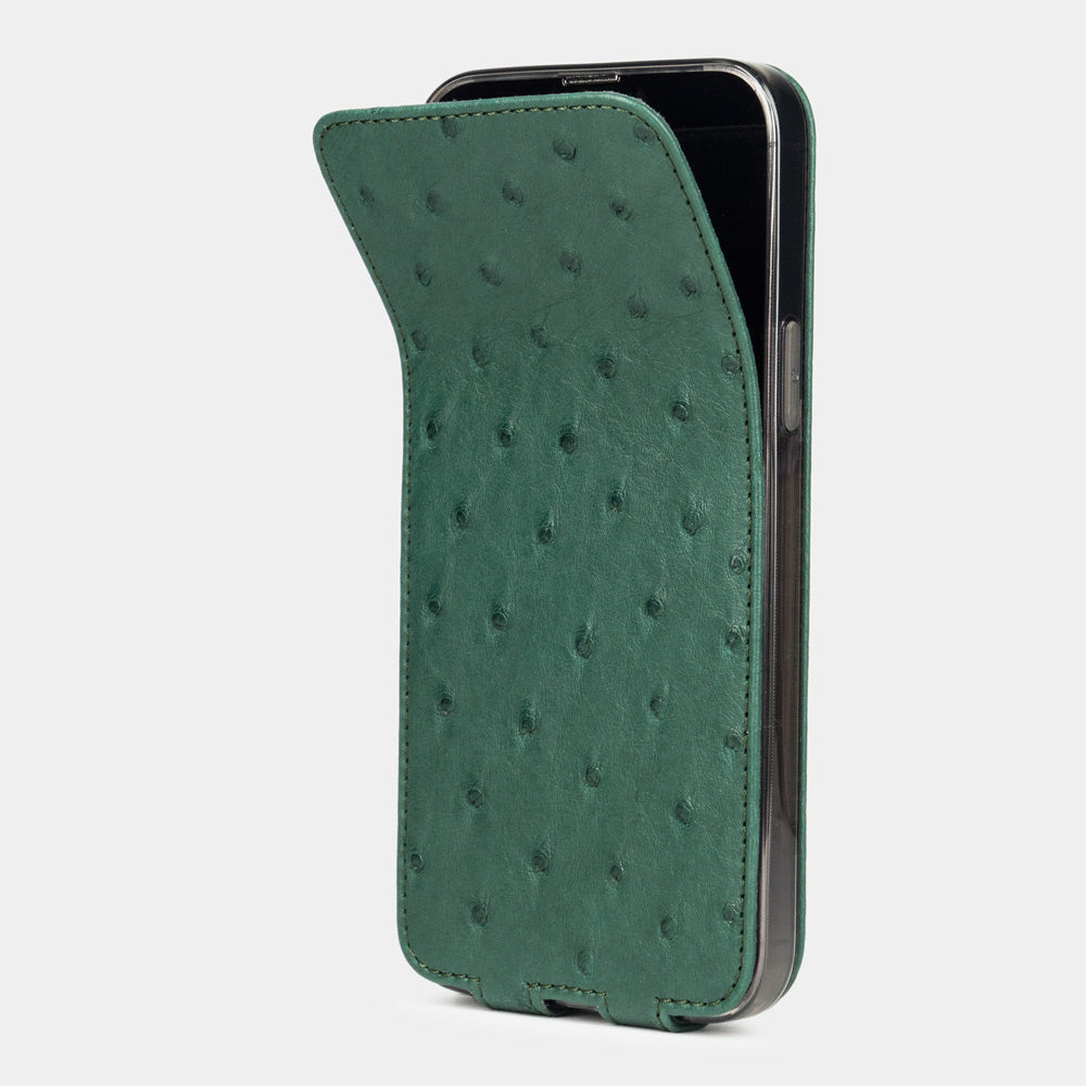 etui cuir autruche iPhone 12 mini  vert