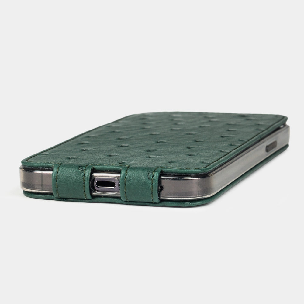 etui cuir autruche iPhone 12 mini  vert