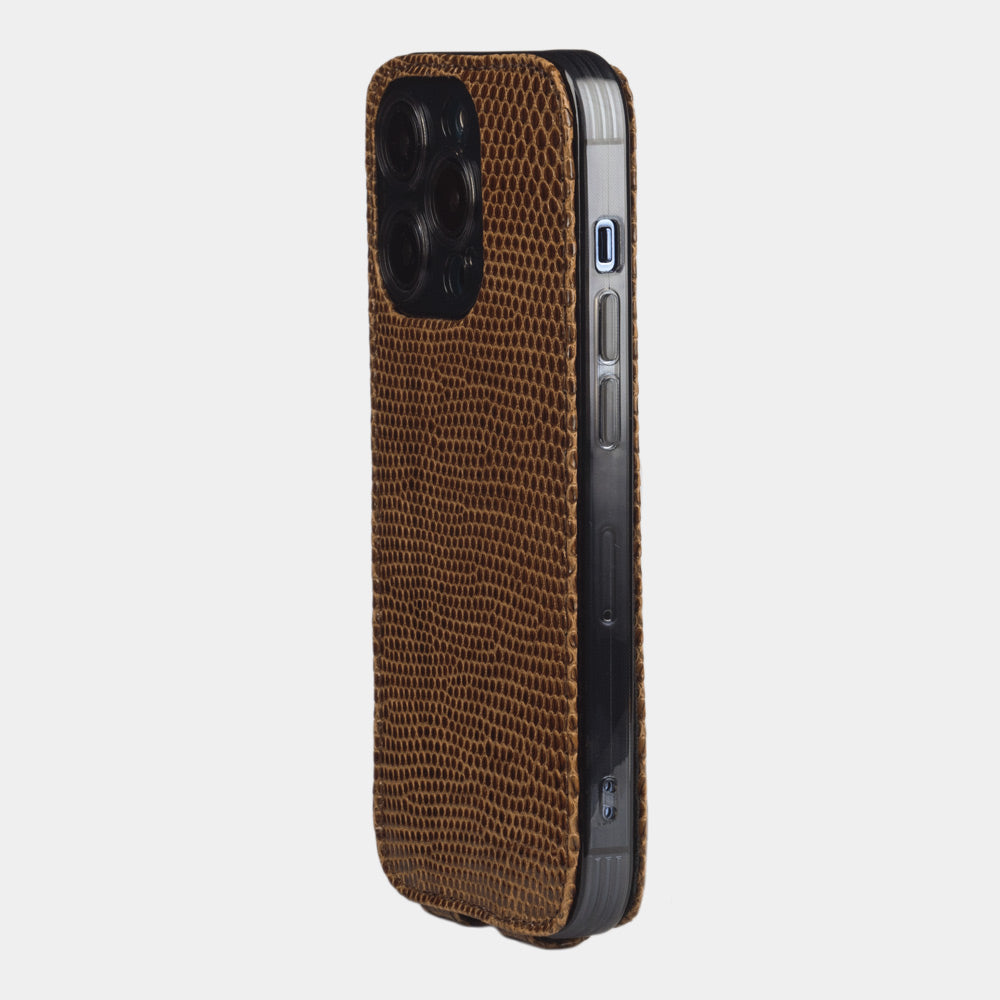 iPhone 14 Pro flip case in brown lizard leather – view from the camera side showing how the leather protects the camera block