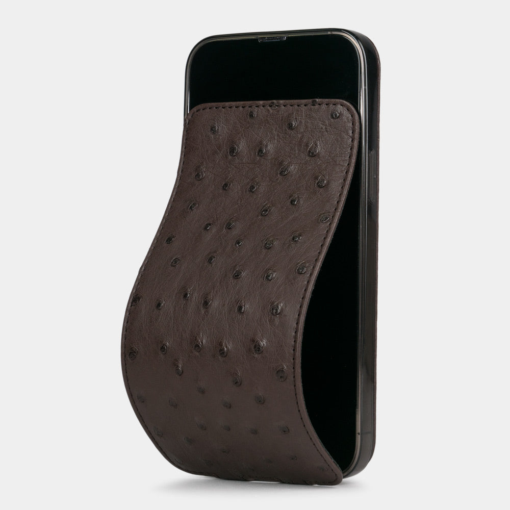 Brown ostrich leather flip case for iPhone 14 Pro Max, MagSafe — Marcel Robert