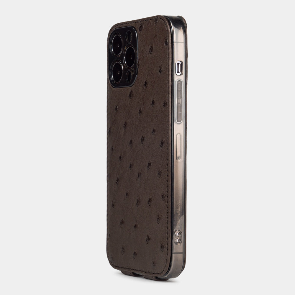 Brown ostrich leather flip case for iPhone 14 Pro Max, MagSafe — Marcel Robert