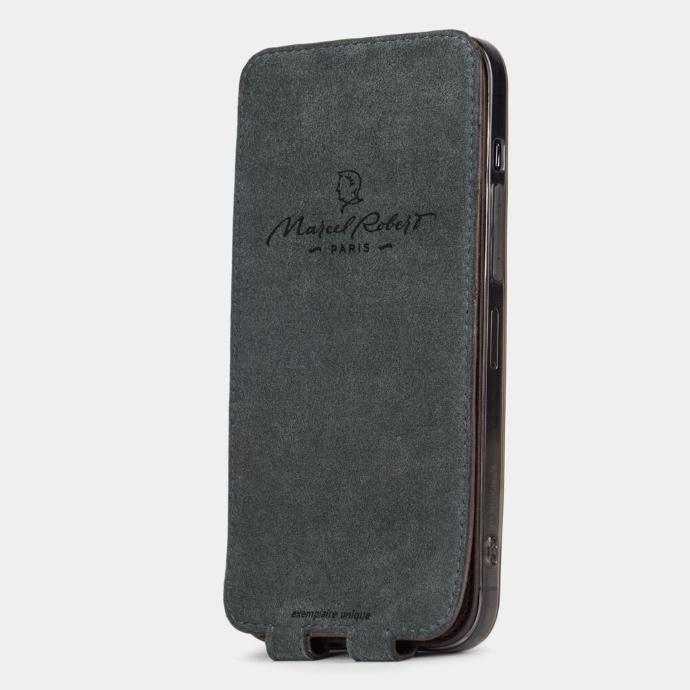 Brown ostrich leather flip case for iPhone 14 Pro Max, MagSafe — Marcel Robert
