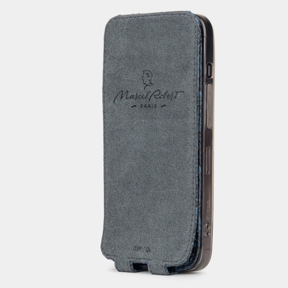 Blue python leather iPhone 14 Pro flip case with the flap folded back showing the Alcantara lining