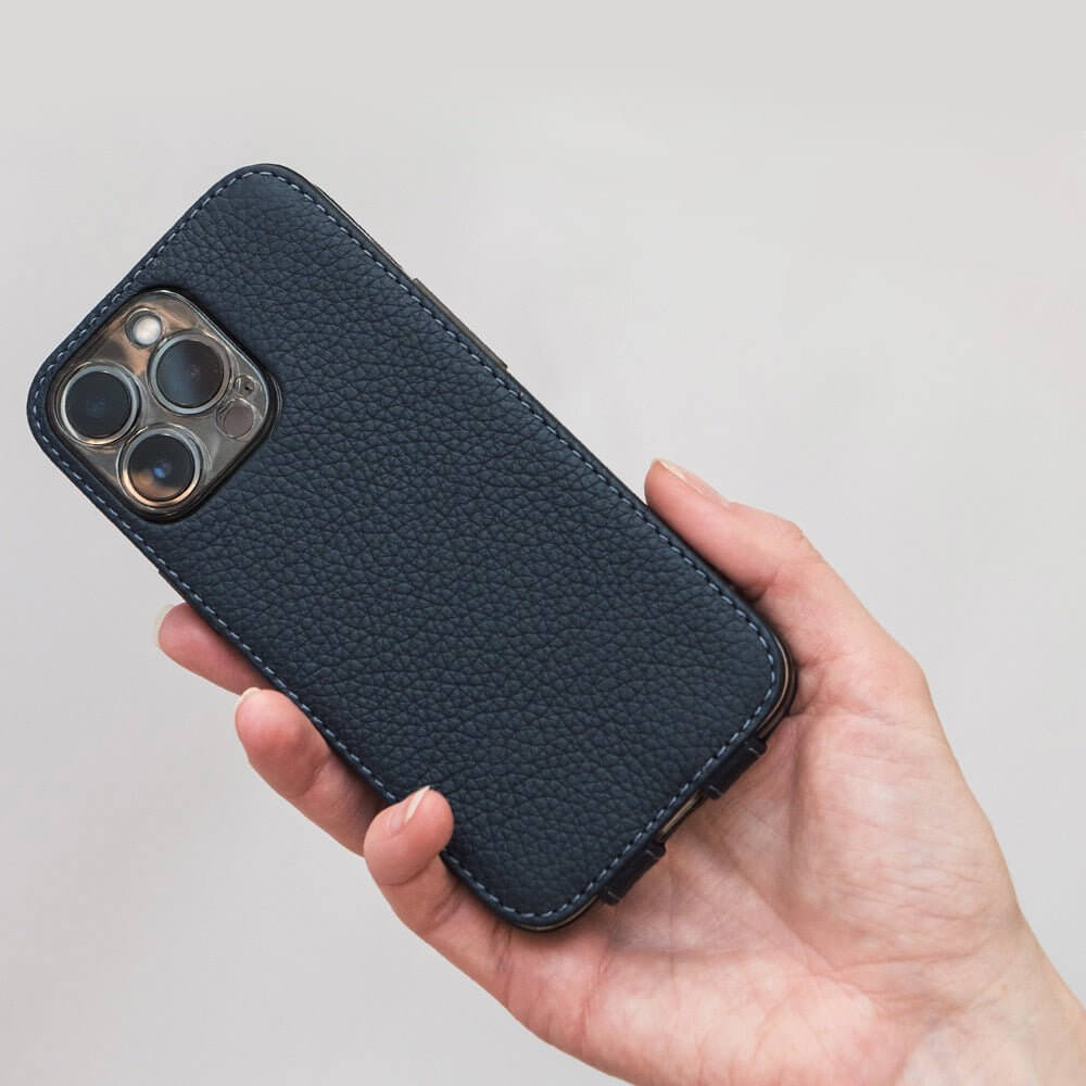artisanal calf leather flip case iPhone 13 Pro Max blue