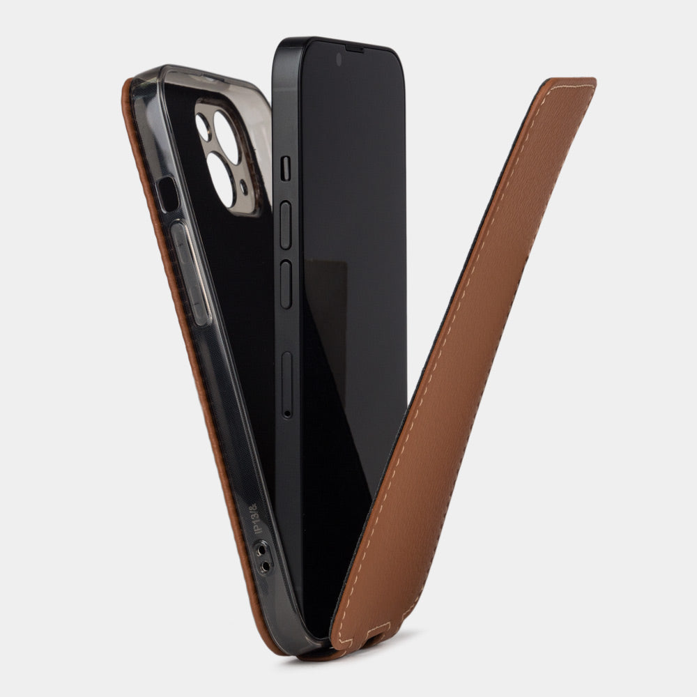 iPhone 14 flip case made with gold premium leather – view showing how the iPhone sits in the slim silicone shell and the soft flap that protects the screen