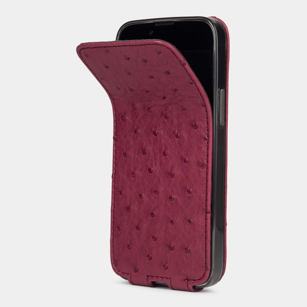 etui cuir autruche iPhone 12 mini fushia