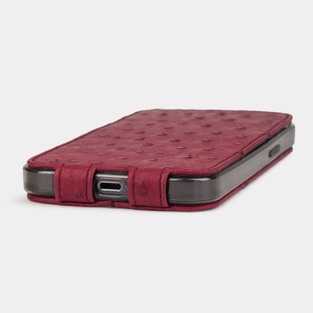 etui cuir autruche iPhone 12 mini fushia