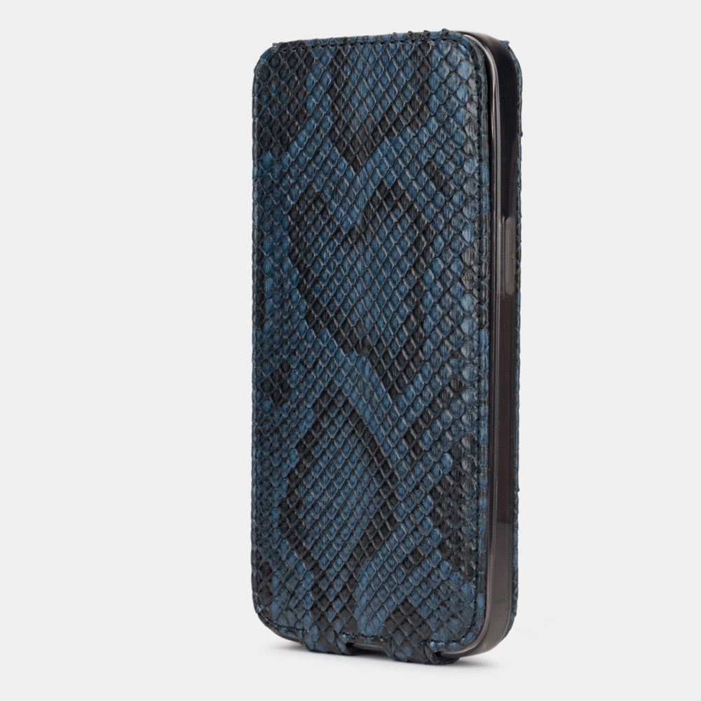 Blue python leather flip case for iPhone 15 Pro – flap closed, three-quarter front view showing the scale pattern