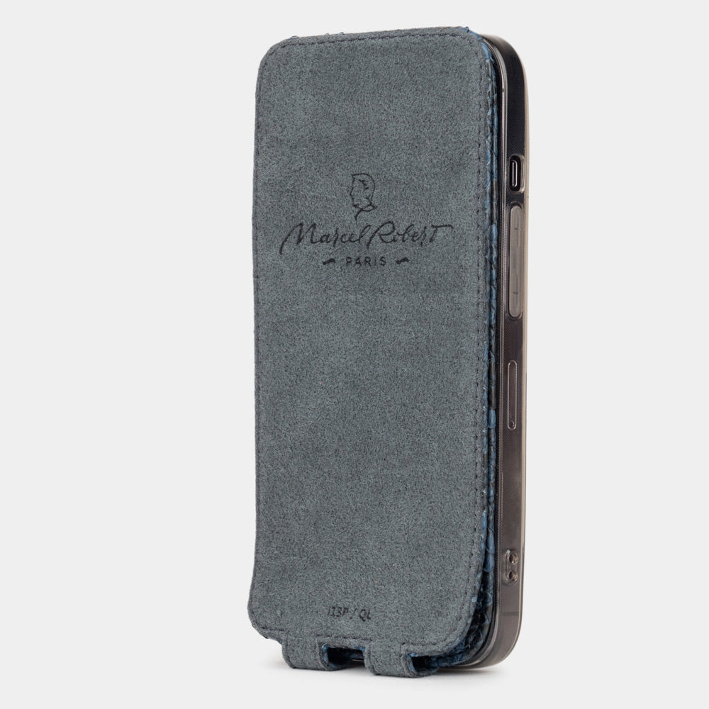 Blue python leather flip case for iPhone 15 Pro – Alcantara® inner lining that clears the screen at every closure