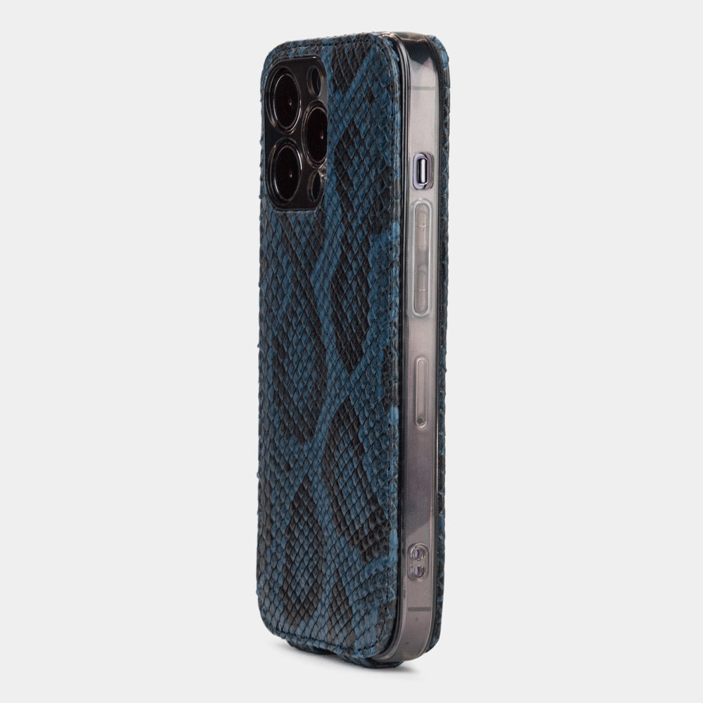 Blue python leather flip case for iPhone 15 Pro – back view showing the camera cutout and the exotic leather edges